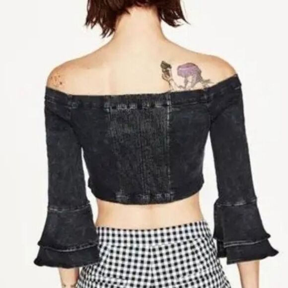Zara Premium Washed Denim Black Ruffled Women's Crop Top NWT - Picture 2 of 11